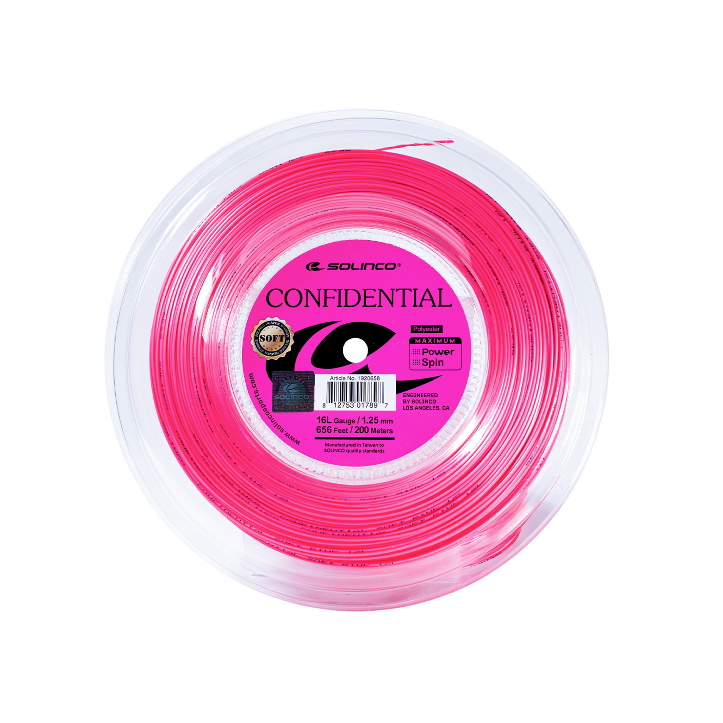 Rolo de corda Solinco Confidential Soft em Rosa Elétrico, versão mais suave da Confidential original, oferecendo maior conforto e potência.