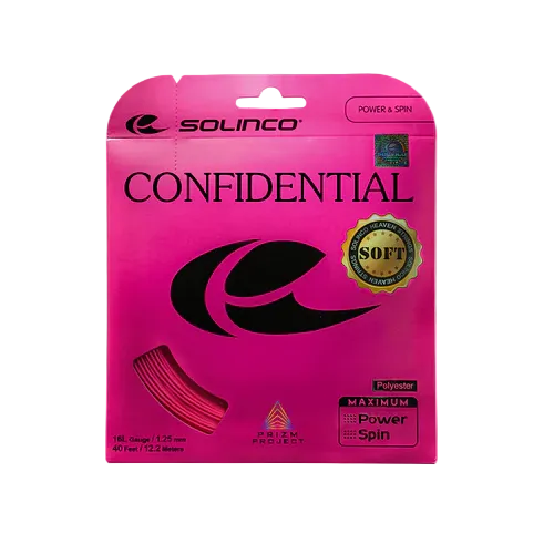 Set de corda Solinco Confidential Soft em Rosa Elétrico, versão mais suave da Confidential original, oferecendo maior conforto e potência.